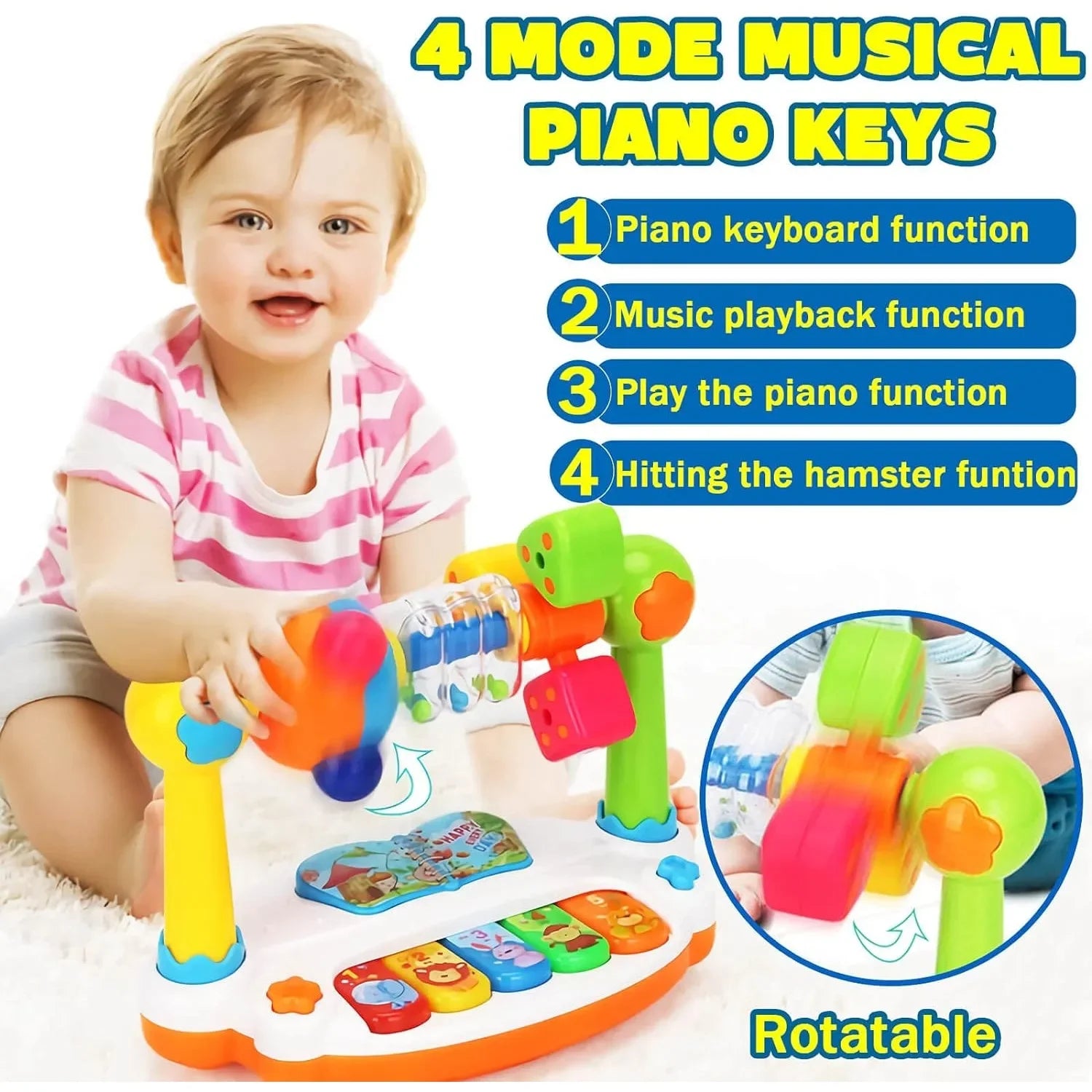 Baby Piano Rotating Music Piano Keyboard With Light & Sound, Musical Toys For Toddlers, Early Educational Music Toy