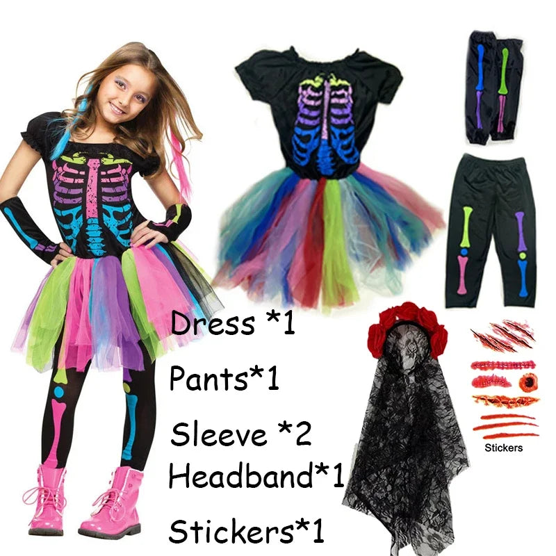 Rainbow Skeleton Tutu Dress and Cute Witch Costume for Kids