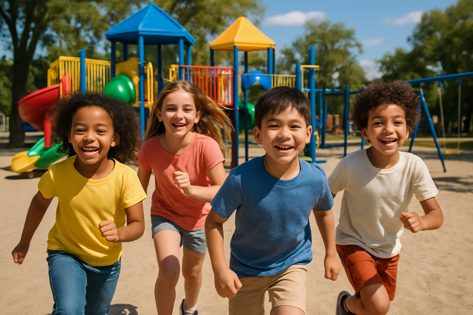 generate a realisitic image of children smiling while running at a playground